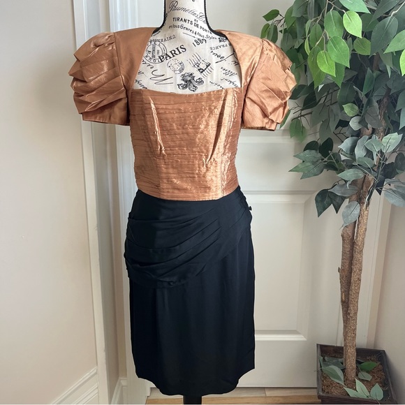 BB Collections Vintage Puff Sleeve Sheath Dress Gold Black Sz 8 - Picture 1 of 16